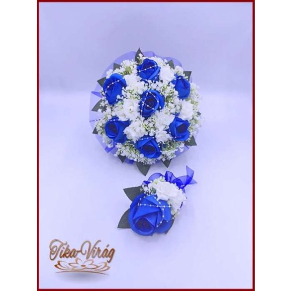 Király-kék 7 virágos örök-csokor + kitűzővel 