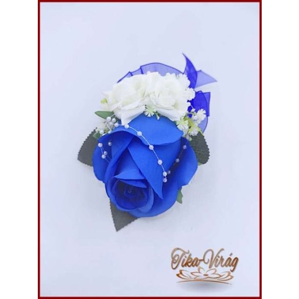 Királykék-fehér rózsás kitűző, bokréta 