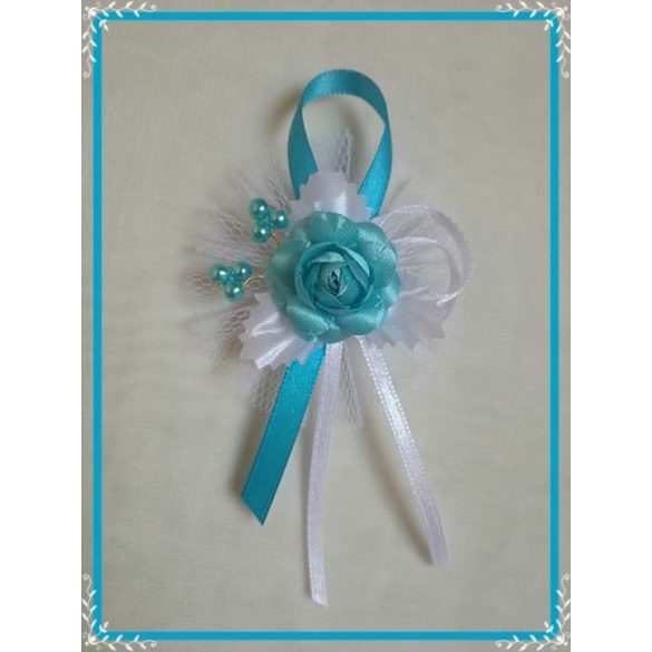 1" Bokréta, kitűző fehér-türkiz 