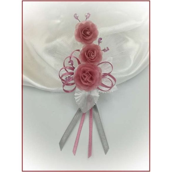 3" Bokréta, kitűző mályva-fehér-ezüst 