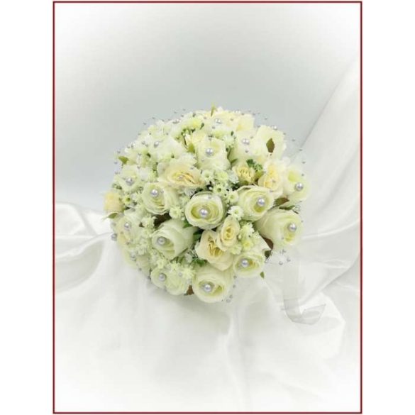 25 szálas ekrü rózsa örök-csokor ezüst díszítéssel 