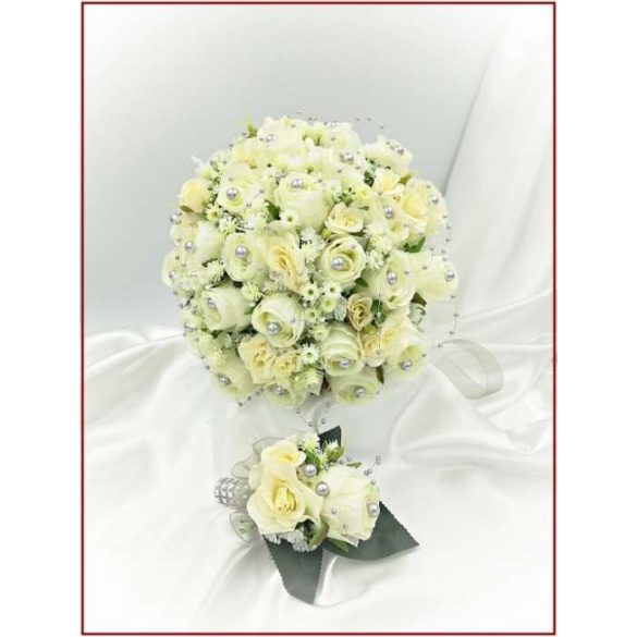 25 szálas ekrü rózsa örök-csokor ezüst díszítéssel + kitűzővel 