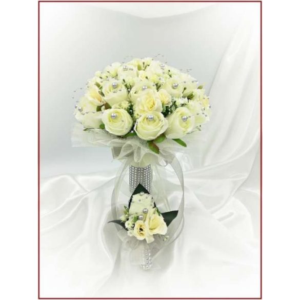 25 szálas ekrü rózsa örök-csokor ezüst díszítéssel + kitűzővel 