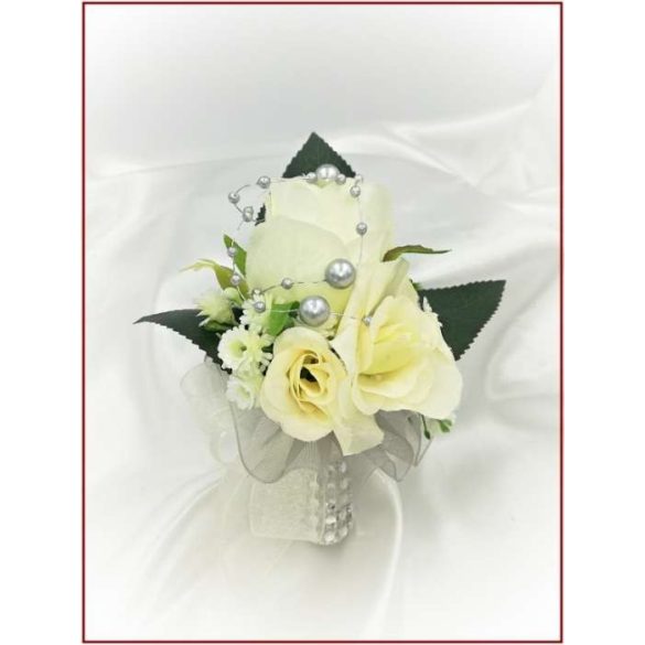 25 szálas ekrü rózsa örök-csokor ezüst díszítéssel + kitűzővel 