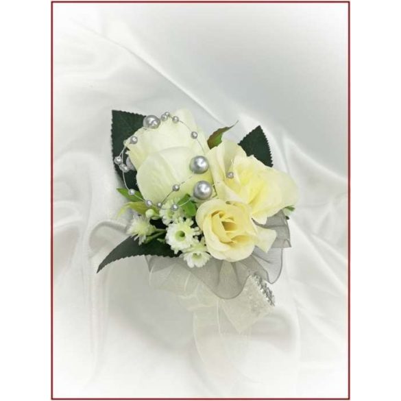 25 szálas ekrü rózsa örök-csokor ezüst díszítéssel + kitűzővel 