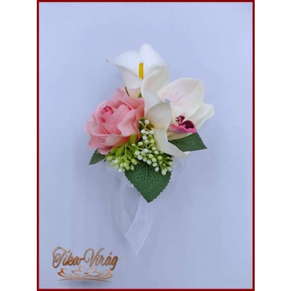 Fehér kála és rózsaszín rózsa orchideás kitűző, bokréta, 