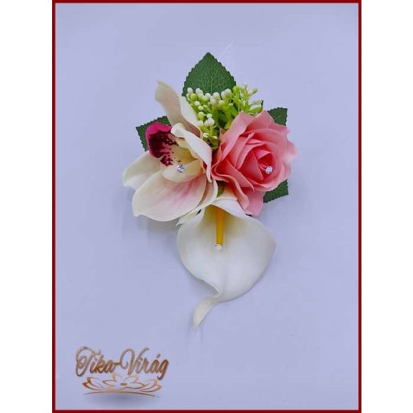 Fehér kála és rózsaszín rózsa orchideás kitűző, bokréta, 