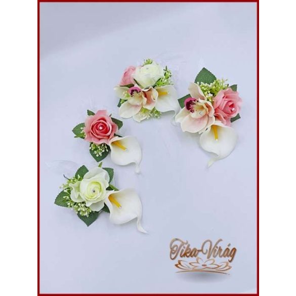 Fehér kála és rózsaszín rózsa orchideás kitűző, bokréta, 
