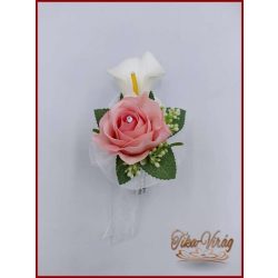 Fehér kála és rózsaszín rózsa kitűző, bokréta 