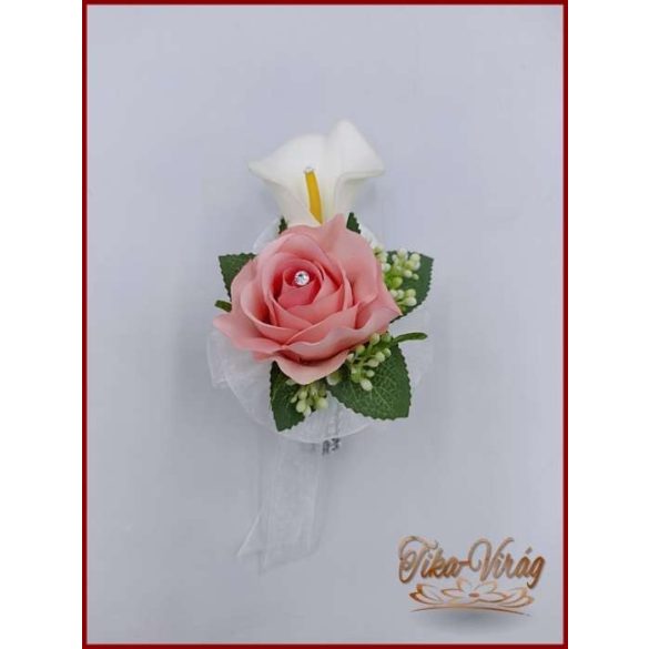 Fehér kála és rózsaszín rózsa kitűző, bokréta 