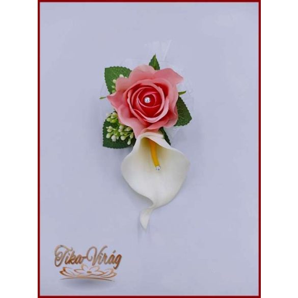 Fehér kála és rózsaszín rózsa kitűző, bokréta 