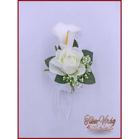 Fehér kála és rózsa kitűző, bokréta 