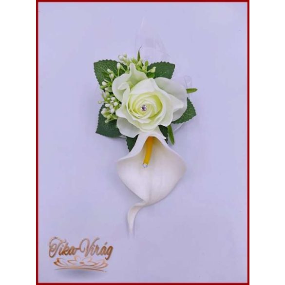 Fehér kála és rózsa kitűző, bokréta 