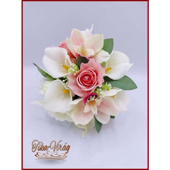Koszorúslány vagy dobó örök-csokor kála, rózsa, orchidea, liziantusz kövekkel díszített 