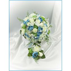  Fehér rózsás-kék boglárkás örök-csokor + kitűzővel 