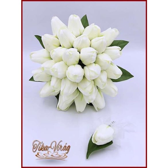 29 szálas Fehér tulipán örök-csokor+ kitűzővel 