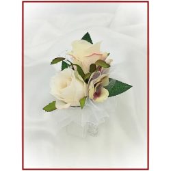 Sötét-mályvás-pasztell 2 virágos kitűző, bokréta 