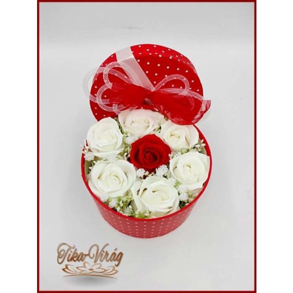 Szappan-rózsa box "L" Pettyes kerek dobozban 