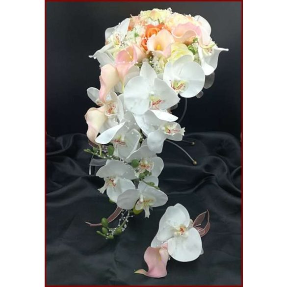 Fehér orchideás-rózsaszín kálás-narancs-barack rózsás örök-csokor kitűzővel 
