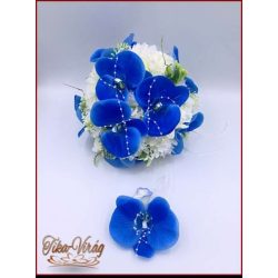   Kék orchideás-fehér rózsával, dália, iszalaggal díszített örök-csokor+kitűzővel 