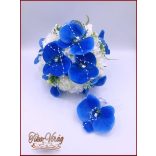 Kék orchideás-fehér rózsával, dália, iszalaggal díszített örök-csokor+kitűzővel 