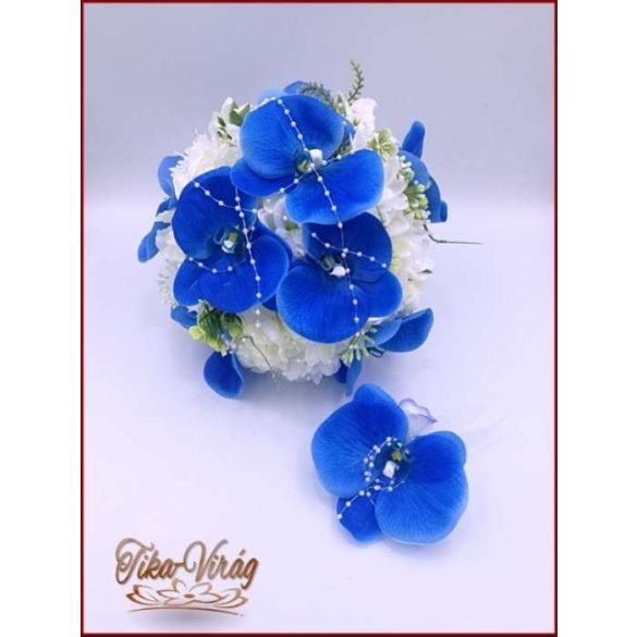 Kék orchideás-fehér rózsával, dália, iszalaggal díszített örök-csokor+kitűzővel 