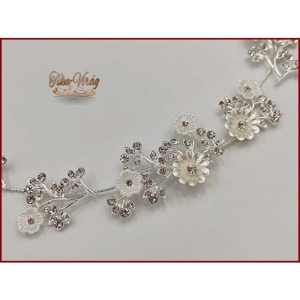Fehér virágokkal díszített strasszos hajdísz, hajdrót CARCI-20106.v.