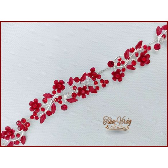 VIRÁGOKKAL DÍSZÍTETT STRASSZOS PIROS HAJDÍSZ 28 CM X 2 CM CARCI-22601.P.