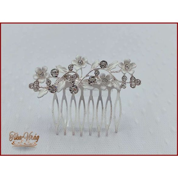 VIRÁGOKKAL DÍSZÍTETT STRASSZOS FEHÉR KONTYTŰ 7 CM X 2 CM CARCI-22602.F.
