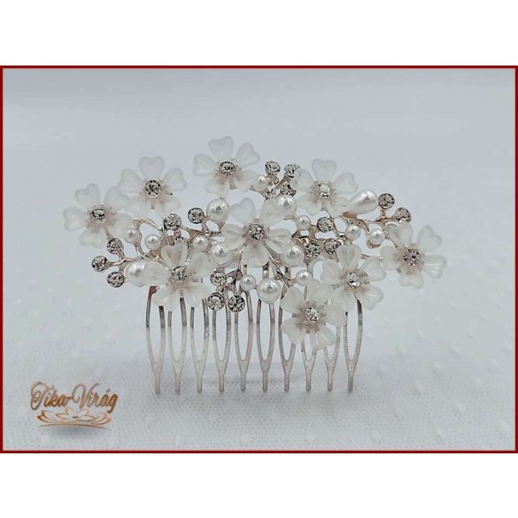 VIRÁGOKKAL DÍSZÍTETT STRASSZOS FEHÉR KONTYTŰ 10 CM X 6 CM CARCI-22604.