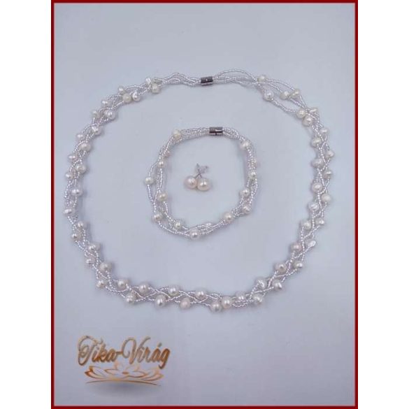 TENYÉSZTETT-GYÖNGY NYAKLÁNC SZETT EKRÜ 