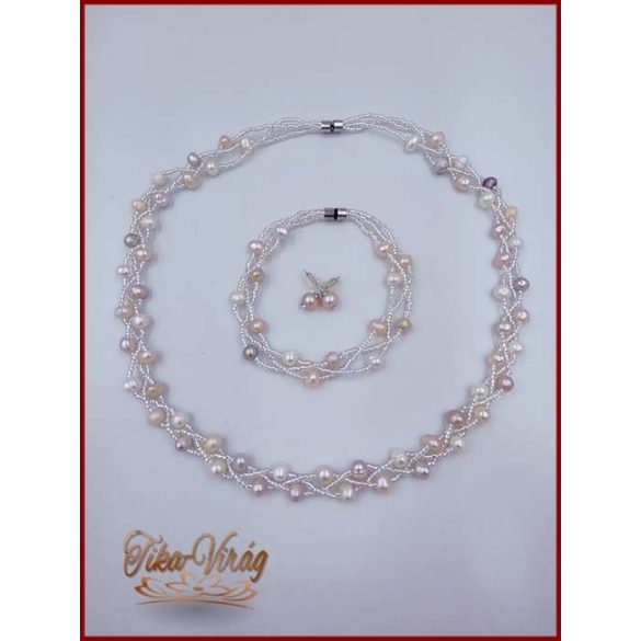 TENYÉSZTETT-GYÖNGY NYAKLÁNC SZETT BÉZS-BARACK-MÁLYVA 