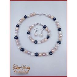TENYÉSZTETT-GYÖNGY NYAKLÁNC SZETT KÉK-BÉZS SZÍNŰ 