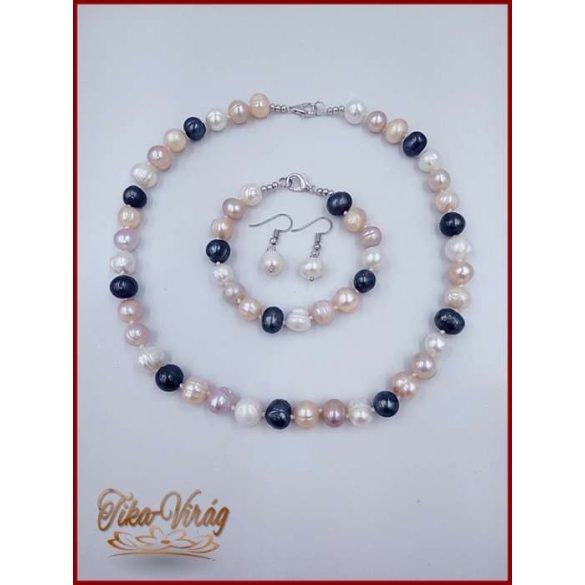 TENYÉSZTETT-GYÖNGY NYAKLÁNC SZETT KÉK-BÉZS SZÍNŰ 