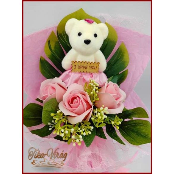 Rózsaszín maci 3 szál szappan-rózsával