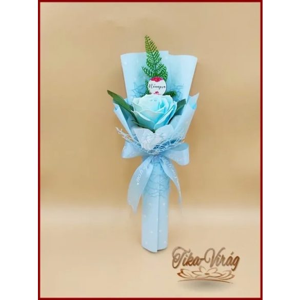 Világoskék nagy szappanrózsa táblácskával díszcsomagolásban